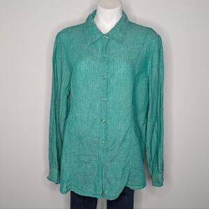 Coldwater Creek Green Collared Long Sleeve Linen Snap Up Top XL